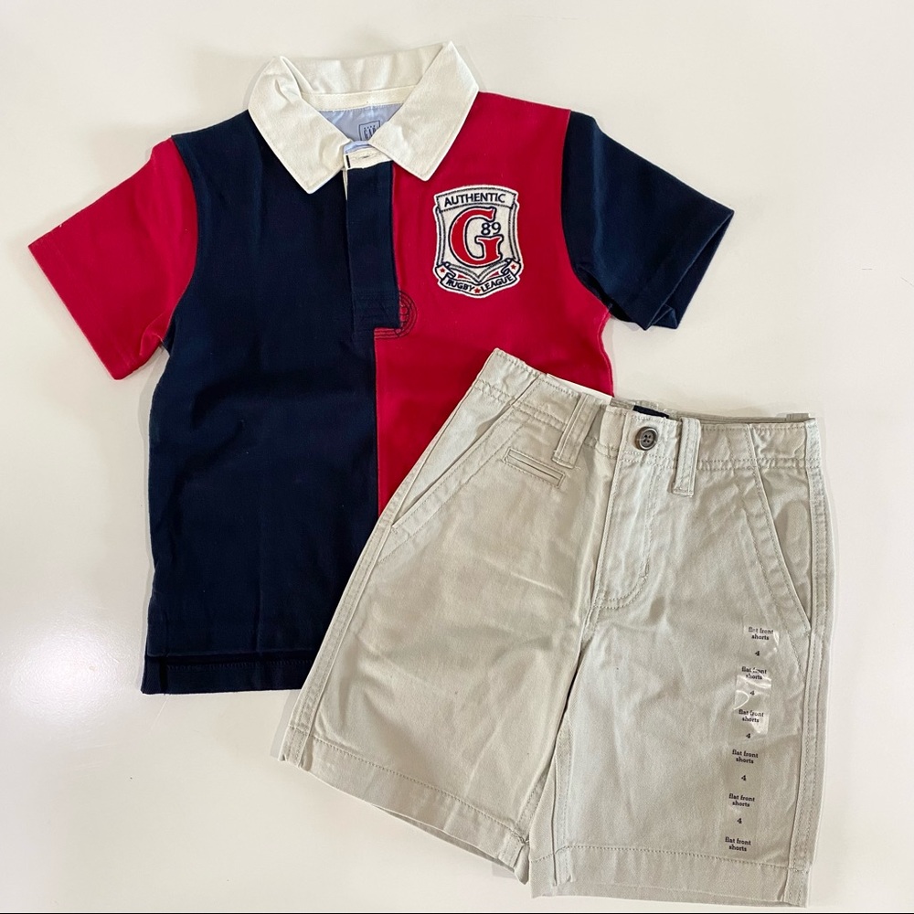 NWT Gap Boys Sz 4 Chino Shorts Navy Red Polo Shirt Bundle Outfit Set 2 pc New